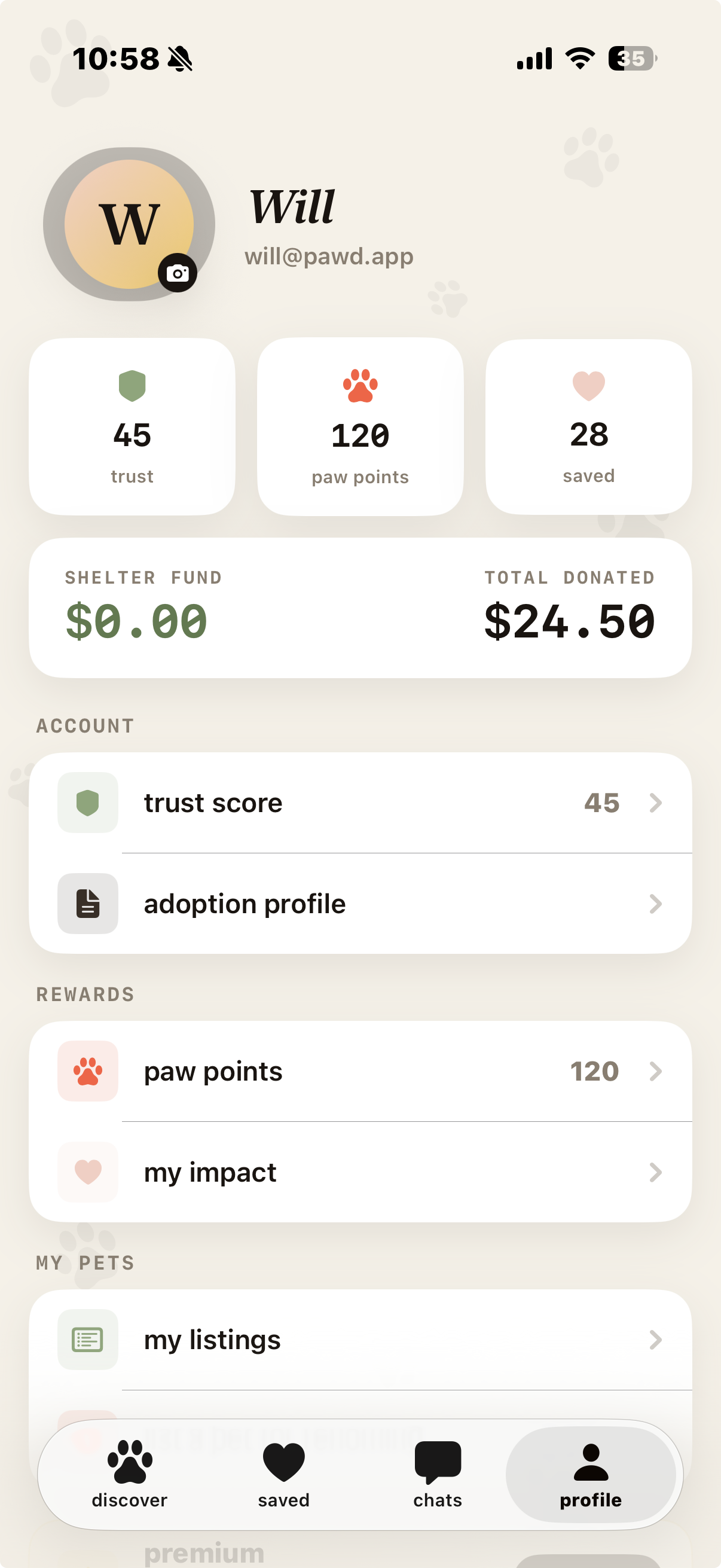 pawd. profile screen